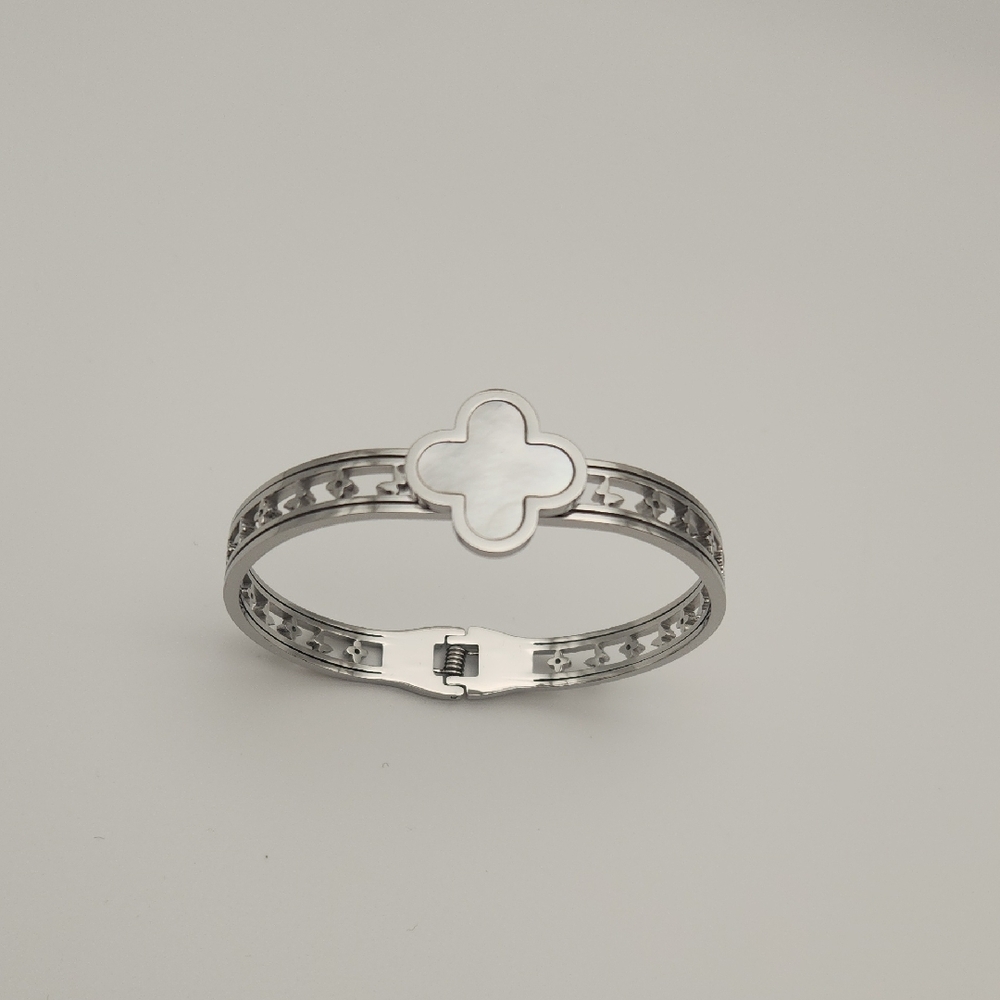 Silver Tone Clover Bracelet | Pearl White Inlay | Minimalist Statement Jewelry